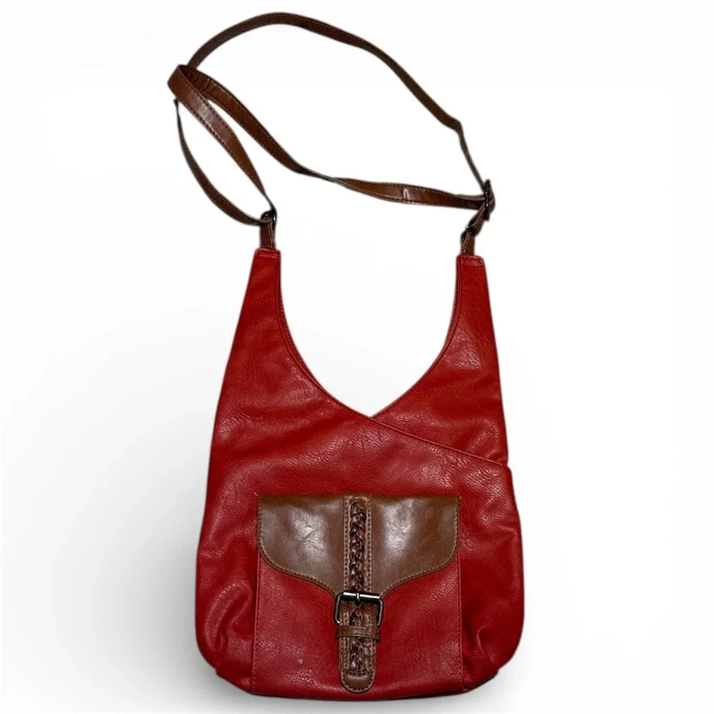Beuno Crossbody Boho Bag – Red & Brown Three-Compartment Satchel